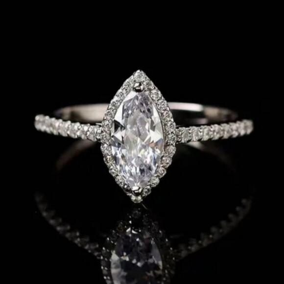 Moissanite Engagement Ring Marquise Cut Halo Pave CZ Sterling Silver 7 NWT - Picture 10 of 13